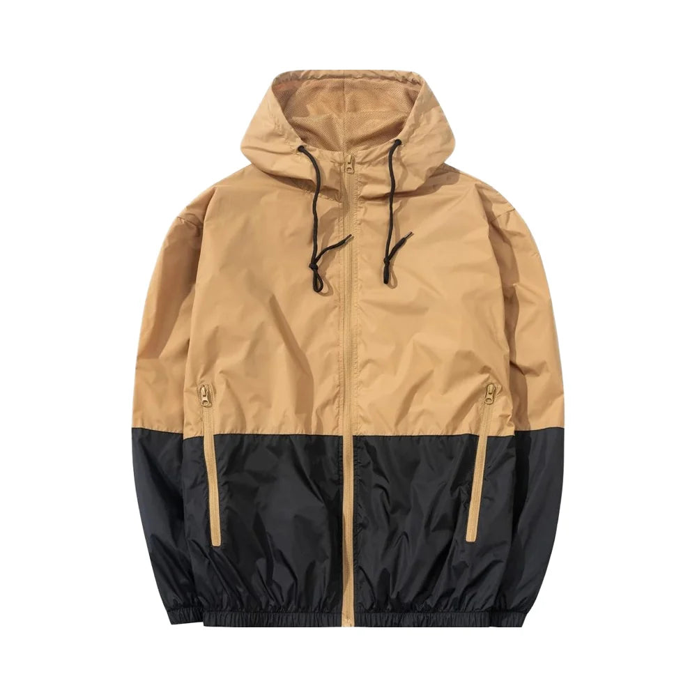 Men's Casual Canvas Windbreaker Jacket Lightweight Hooded Raincoat with Stand Collar for Winter Outdoor Pocketed