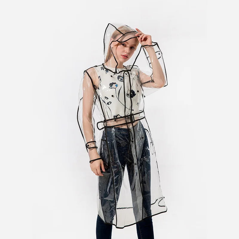 EVA Transparent Waterproof Raincoat With Belt Fashionable Outdoor Personality Windbreaker Long Travel Portable Rain Poncho Girls