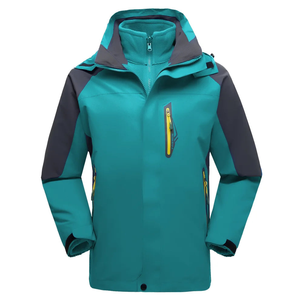 Men's Soft Shell Waterproof Tactical Jacket for Outdoor Blue Hooded Windbreaker Stand Collar Zipper for Winter Hiking Camping