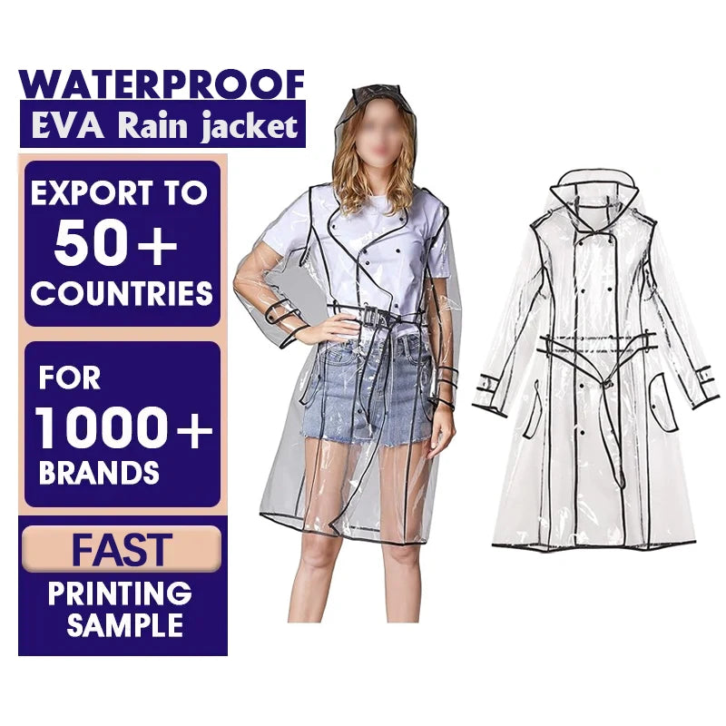 Fashion EVA Clear Transparent Raincoat for Reusable Rain Poncho Custom Logo Waterproof Outdoor Visibility Rain Jacket Raincoat