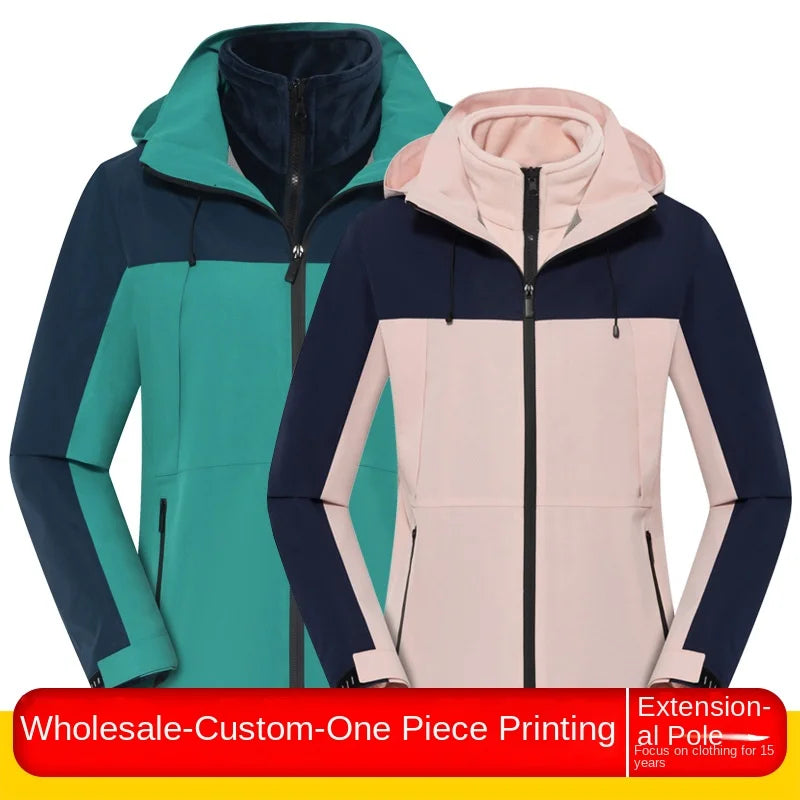 Men's Women's Three-in-One Outdoor Jacket for Autumn Winter Solid Two-Piece Detachable Design Zipper Windproof Waterproof