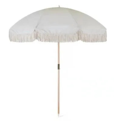 Factory Price Luxury Bohemian Straight Umbrella Hard Wood Canvas Beach Umbrella UV Protection Wooden Sun Rain Custom Logo Travel