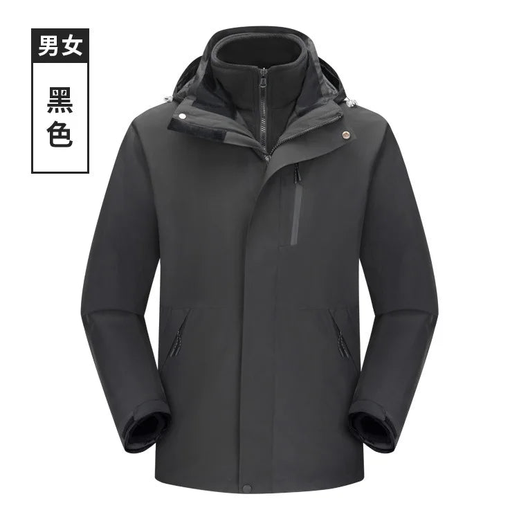 Men's Women's Waterproof Outdoor Winter Jacket Stand Detachable Three-in-One Windproof Cold-Proof Features Solid Zipper for