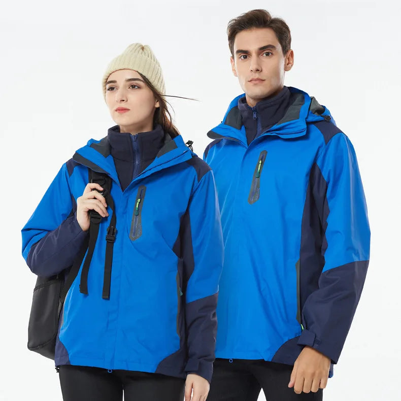 Outdoor Winter Jacket Men Women Three-In-One Detachable Two-Piece Set Windproof Waterproof Stand Collar Zipper Closure Couple's