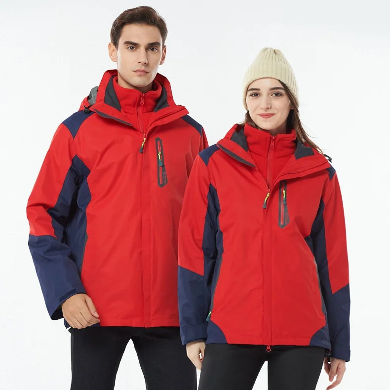 Outdoor Winter Jacket Men Women Three-In-One Detachable Two-Piece Set Windproof Waterproof Stand Collar Zipper Closure Couple's