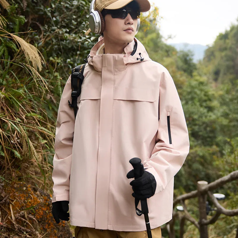 New Men's Women's Top Stand Outdoor Hard Shell Anti-Rainstorm Anti-Splashing Mountaineering Suit for Autumn Solid Zipper