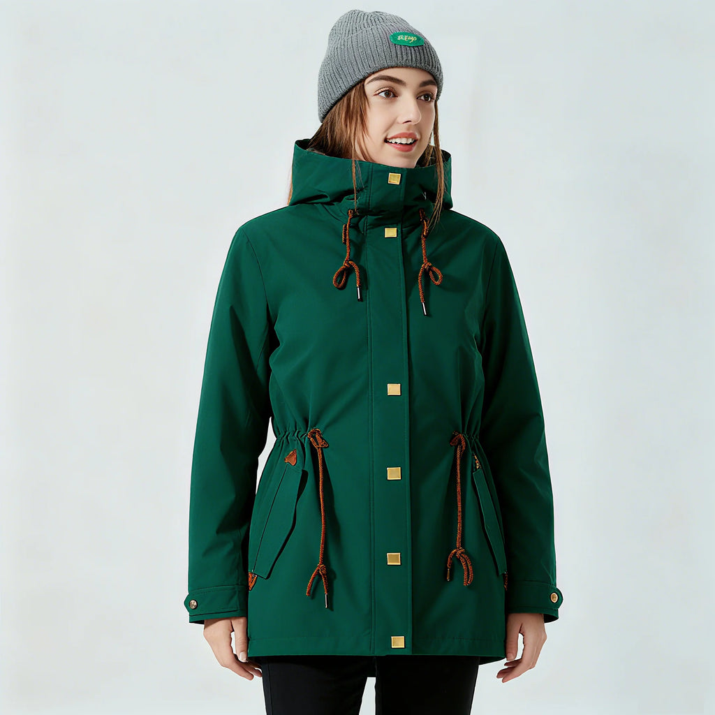 Women's Mid-Length Stand Collar Rain Jacket Waterproof Windbreaker Removable Inner Raincoat Coated for Fall Winter Outdoor Wear