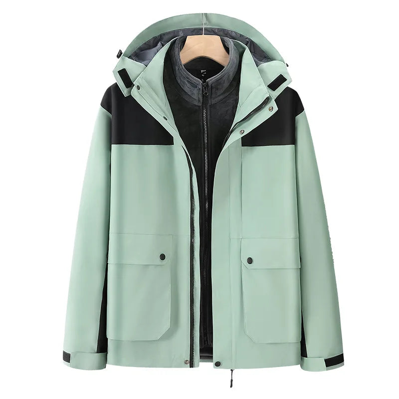 Detachable Zipper Winter Jacket for Men Women Outdoor Couples Solid Woven Soft Shell Coated Breathable Windproof Stand 3XL