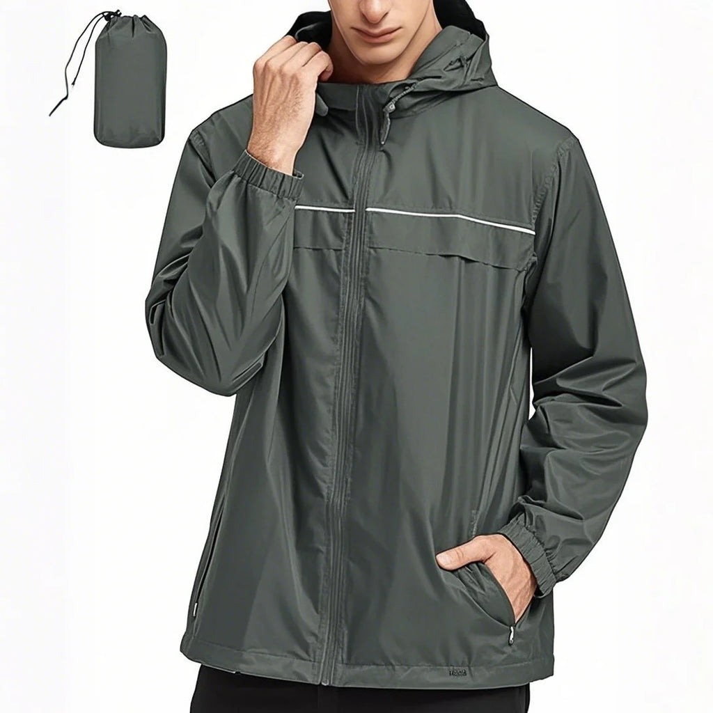 Men's Outdoor Rain Jacket Waterproof Windbreaker with Stand Collar and Zipper Closure Daily Casual Pullover with Double Layer