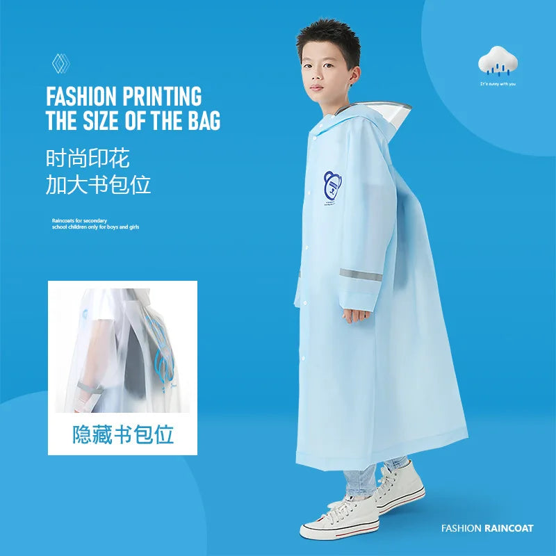 New EVA Children's Waterproof Raincoat with Hidden Backpack Compartment and Zipper Design, Extended Hiking Raincoat