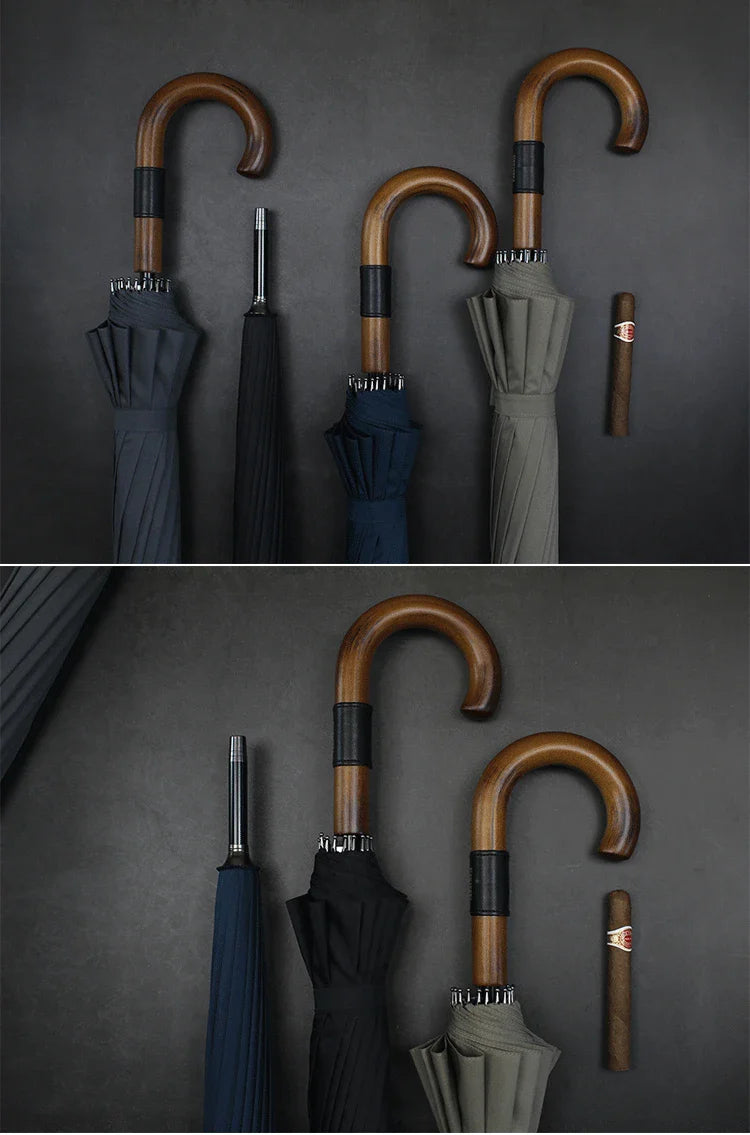 Luxury Automatic Wooden J Handle Business Umbrella With Custom Logo UV Printing Folding Feature for Rain Gifts