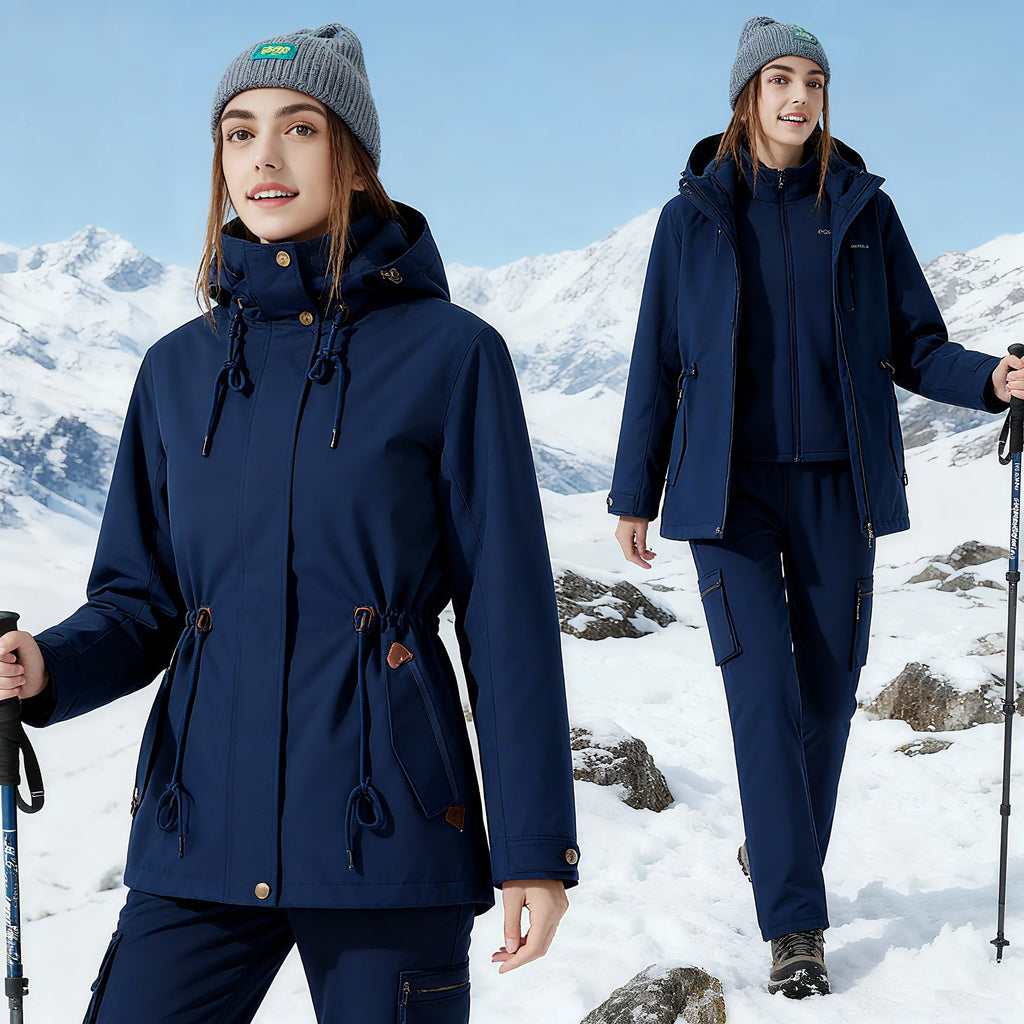 Women's Stylish Waterproof Windproof Rain Jacket Fall Winter Double Layer Fleece Warm Inner Raincoat Outdoor Rainproof Clothing