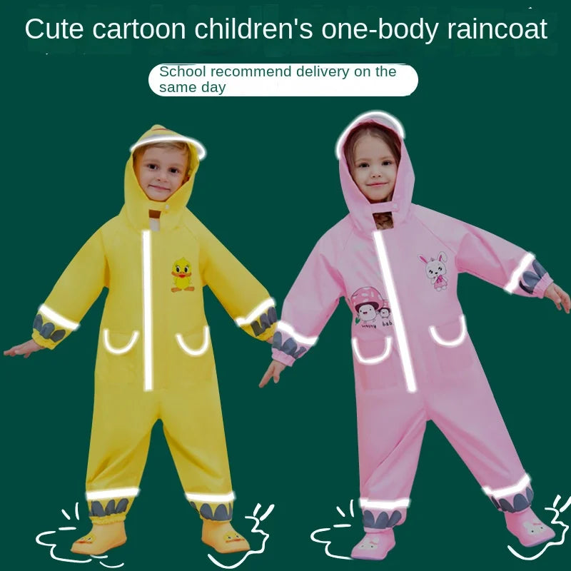 Children's Full Body Waterproof Protective Raincoat and Pants with Cartoon Yellow Duck Belt Backpack for Boys and Girls