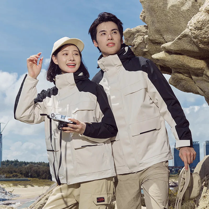 Men's Women's Three-in-One Detachable Winter Solid Outdoor Two-Piece Waterproof Windproof Thick Fleece Mountaineering Jacket Ski