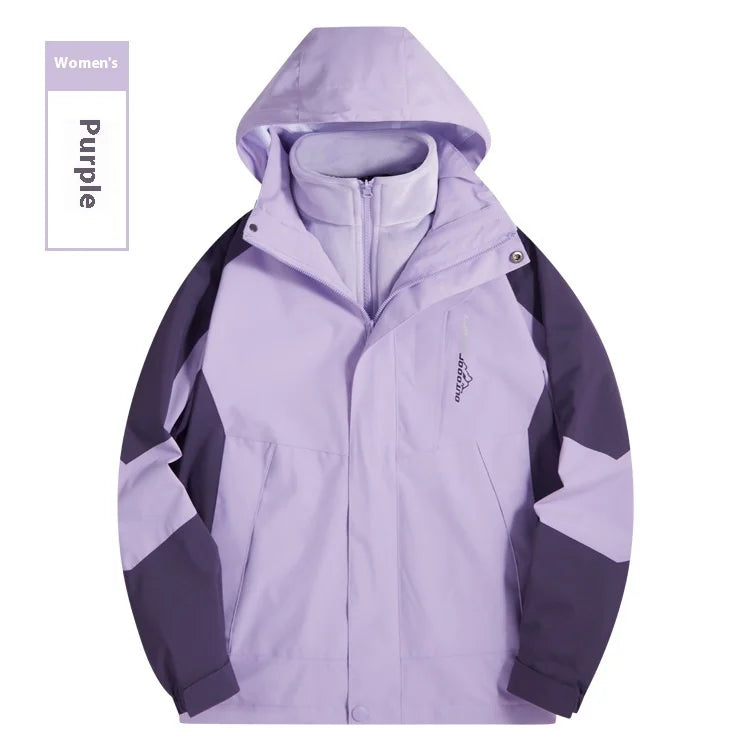 Autumn Winter Three-in-One Detachable Tibetan Mountaineering Jacket for Men Women Stand Windproof Waterproof Two-Piece Outdoor