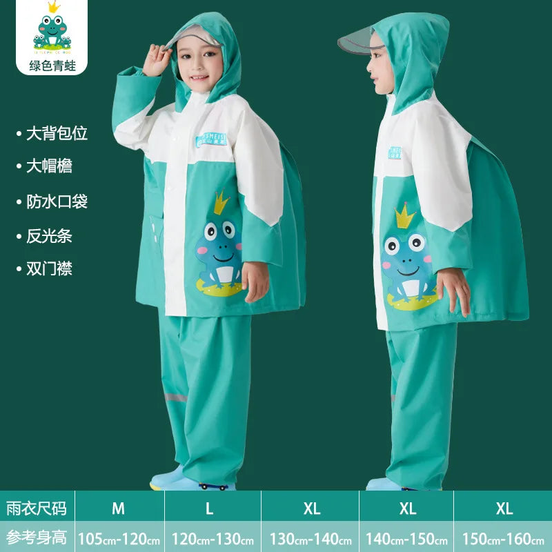 Children's Waterproof Rain Poncho Full Body Polyester Cartoon Style Raincoat Set for Boys Girls Primary School Student Rain Gear