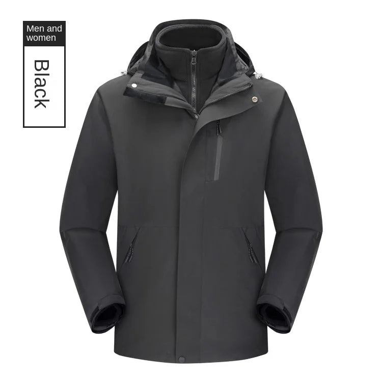 Men's Women's Waterproof Outdoor Winter Jacket Stand Detachable Three-in-One Windproof Cold-Proof Features Solid Zipper for