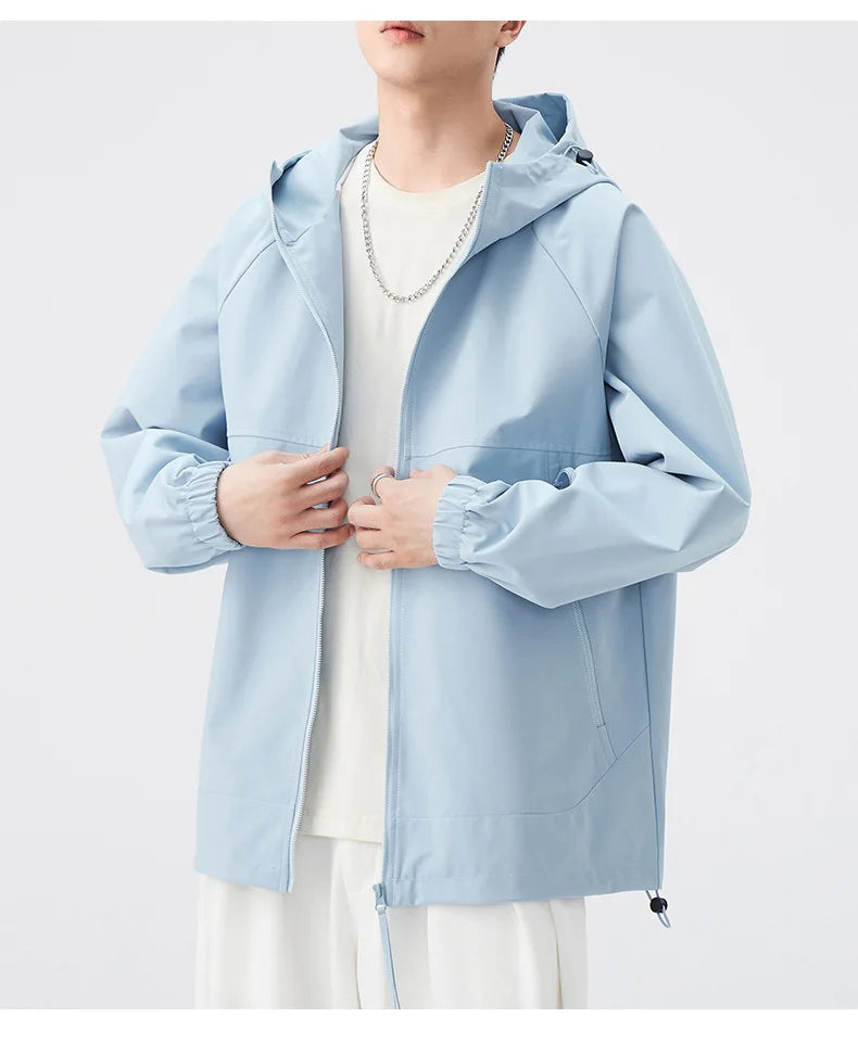 Men's Lightweight Coated Rain Jacket for Autumn Spring Windproof 3D Embroidery Logo Zipper Prints Breathable for Outdoor Sports