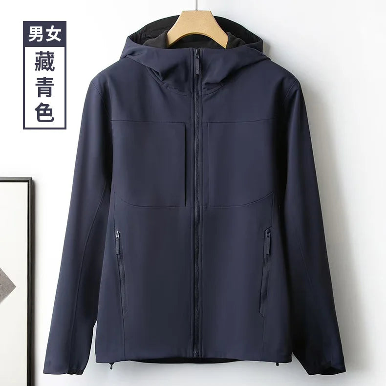 Soft Shell Waterproof Windproof Fleece-Lined Winter Coat for Men Women Stand Collar Zipper for Hiking Spring Autumn