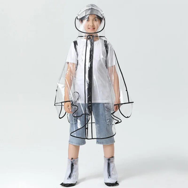 High Quality EVA Transparent Kids Raincoat Waterproof School Baby Cape With Zipper Back to School Travel Gear-Size XL