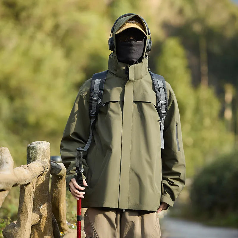 New Men's Women's Top Stand Outdoor Hard Shell Anti-Rainstorm Anti-Splashing Mountaineering Suit for Autumn Solid Zipper