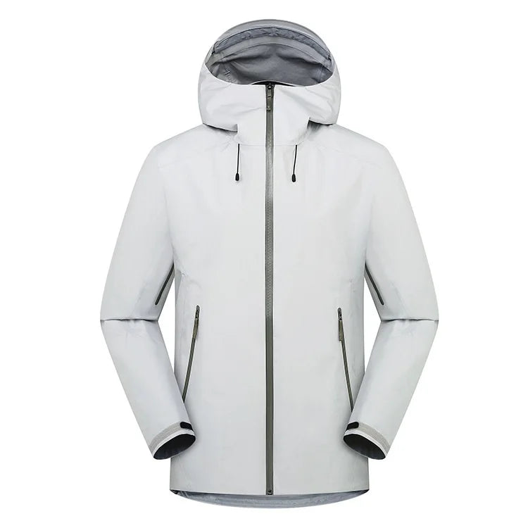 Unisex Outdoor Single Layer Light Color Rain Jacket Waterproof Hard Shell Windbreaker Jacket Zipper Hooded Raincoat for Hiking