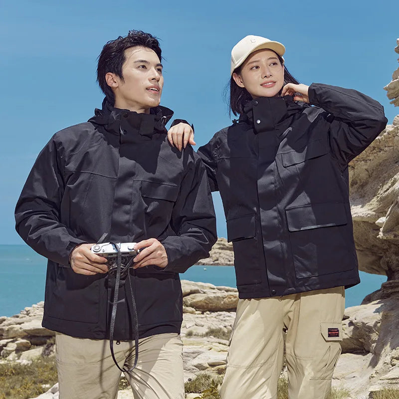 New Winter Outdoor Hard Shell Three-in-One Removable Waterproof Windproof 10000mm Zipper Jacket for Mountaineering Camping