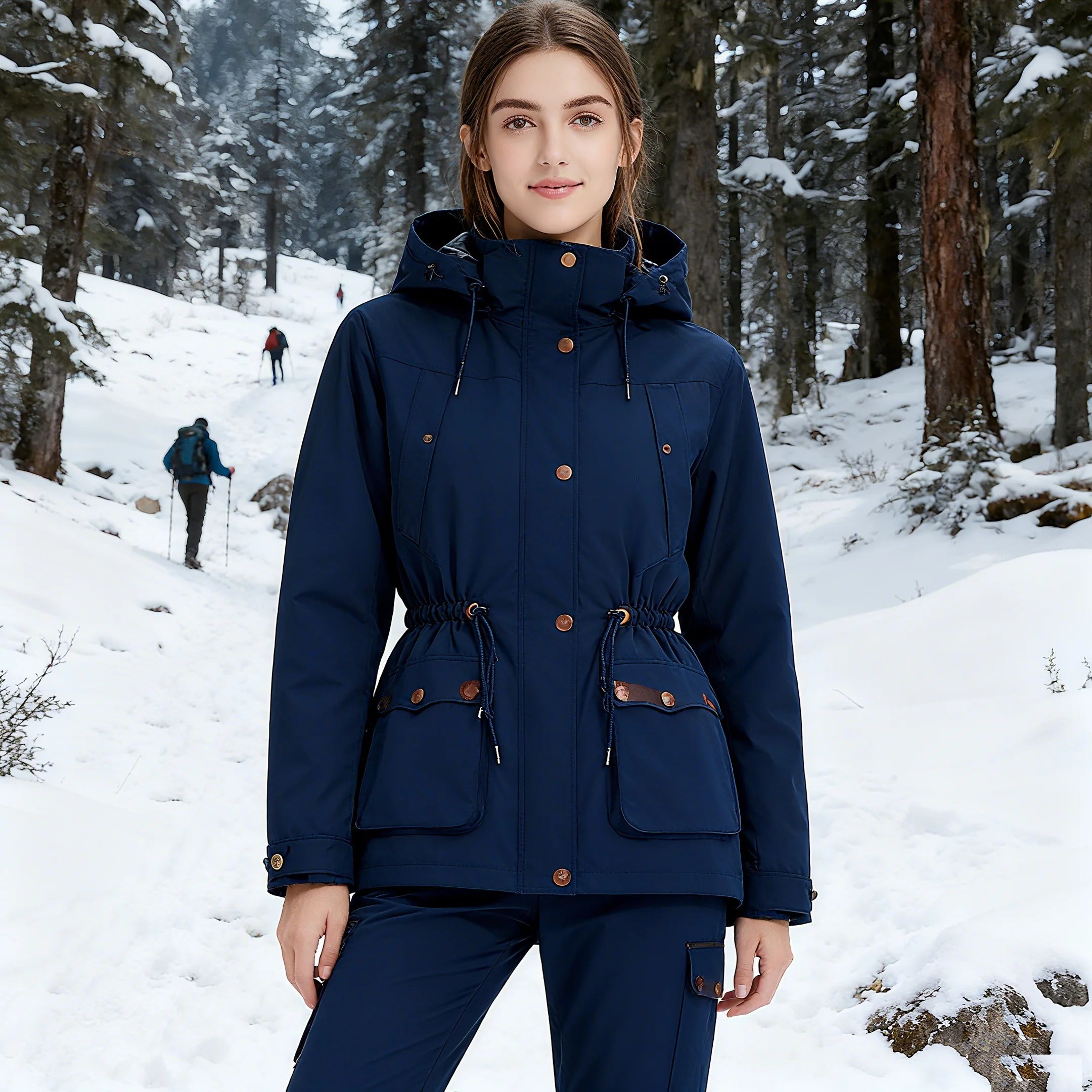 Women's Stylish Waterproof Windproof Double-Layer Fleece Rain Jacket Fall Winter Stand Collar Coated Outdoor Rainproof Clothing