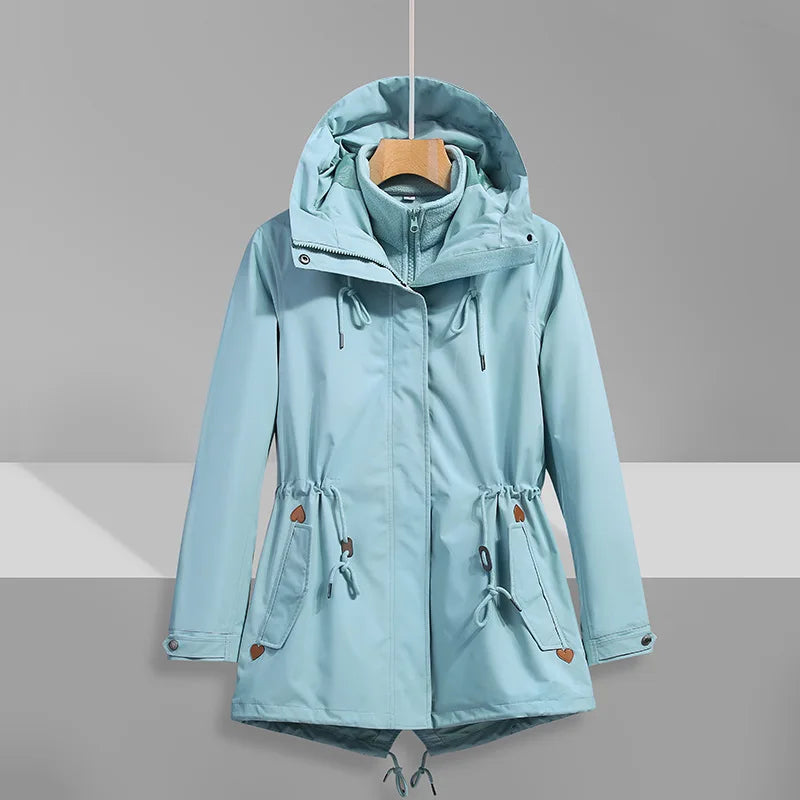 Women's Mid-Length Stylish Rain Jacket Waterproof Windproof Fall Winter Outdoor Double Layer Raincoat with Fleece Warm Inner