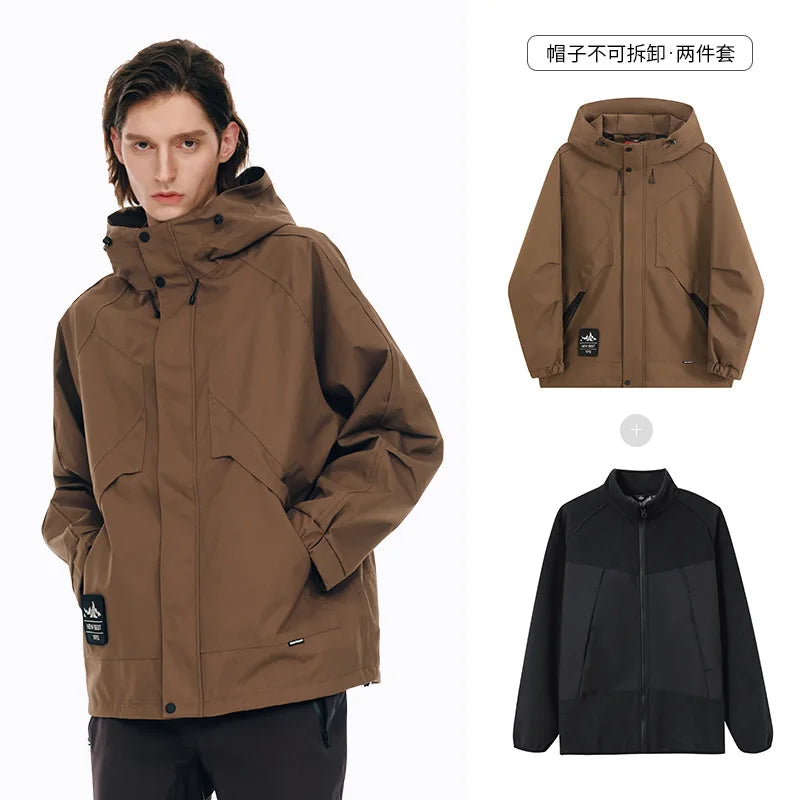Men's and Women's Casual Autumn and Winter Hooded Two-Piece Windproof Waterproof Trench Coat for Hiking Camping Mountain Sports