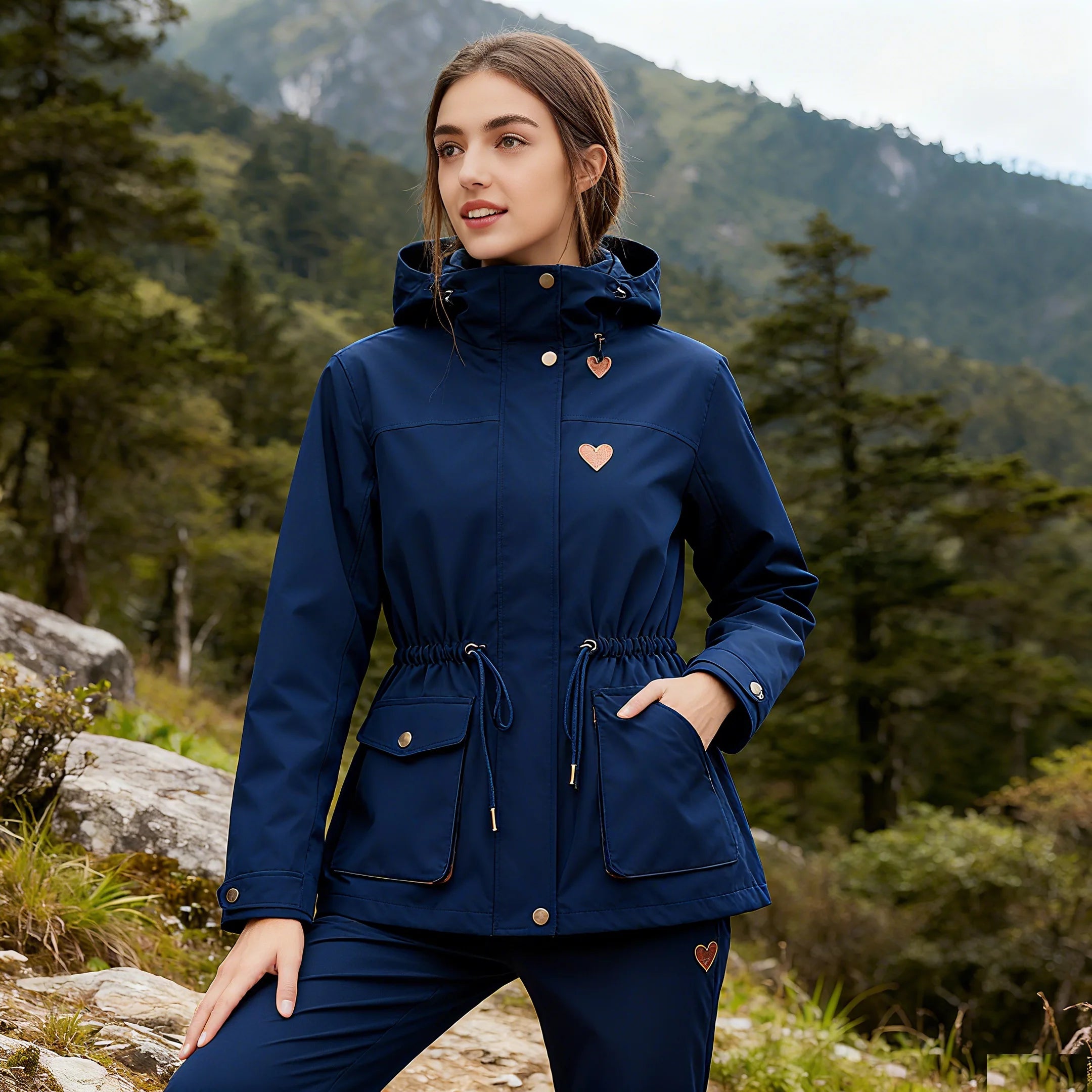 Women's Stylish Waterproof Windproof Double-Layer Fleece Rain Jacket Fall Winter Stand Collar Coated Outdoor Rainproof Clothing