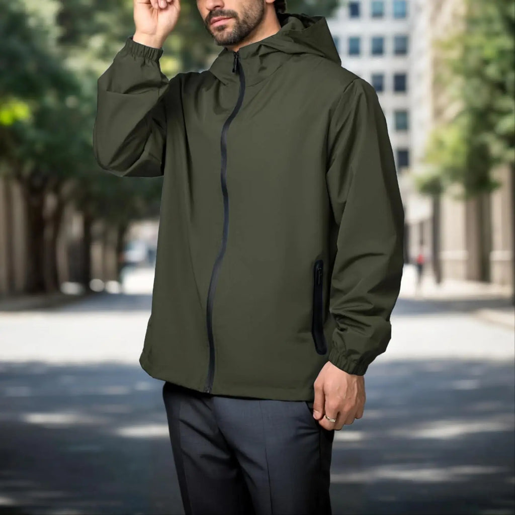 Men's Winter Waterproof Windbreaker Plain Dyed Lightweight Hooded Casual Bomber Jacket for Daily Hiking & Cycling