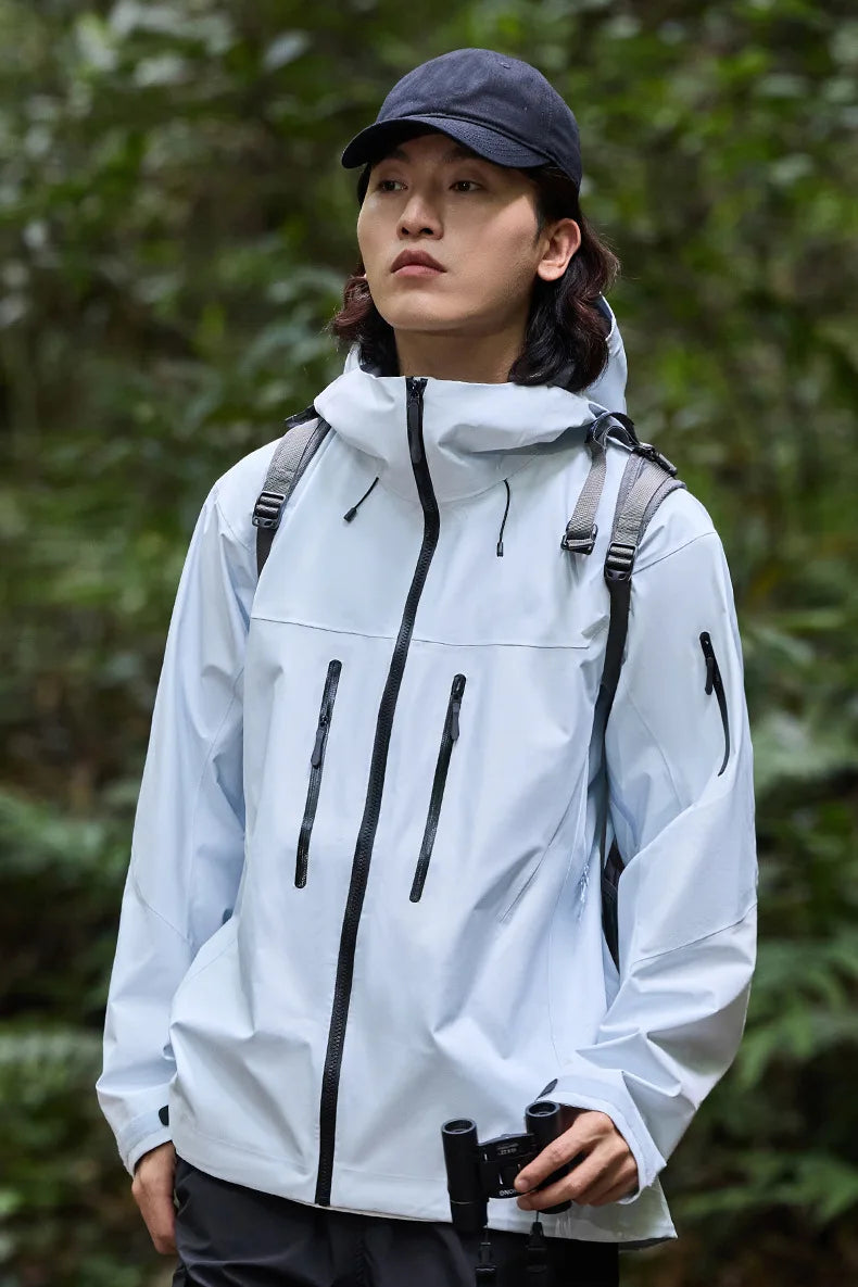 Wholesale Unisex 3 Layer Laminated Waterproof Windproof Breathable Outdoor Jacket Thin Zipper Closure Raincoat for Camping