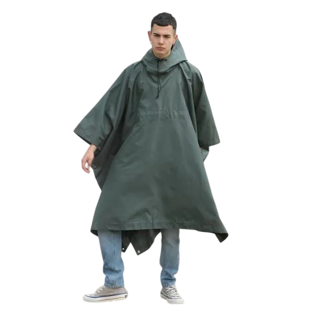 Green Waterproof Raincoat Poncho Adults Customized Letters Printing PVC Material One Size Hooded Style Outdoor Hiking Rainy Days