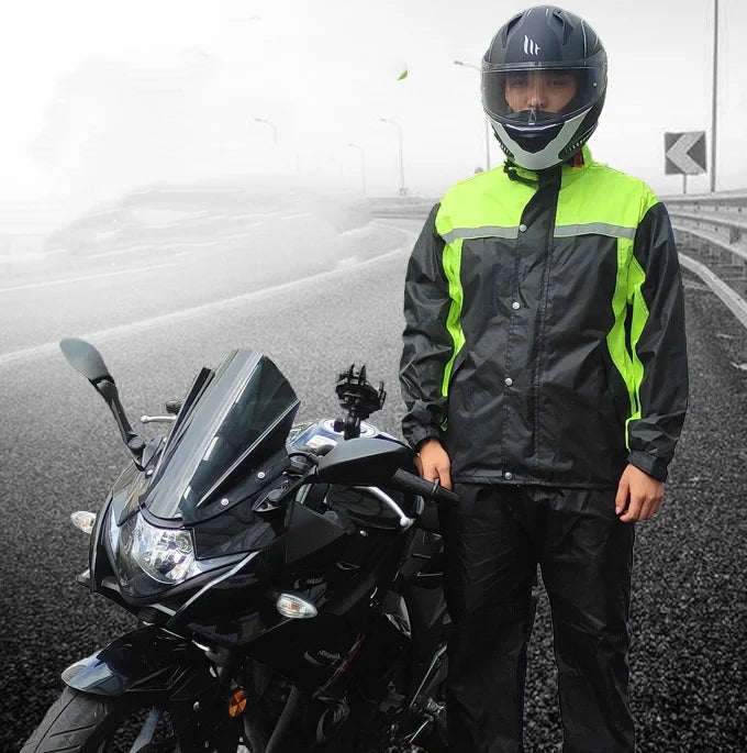 Men's Moto Style Long-Body Nylon Raincoat Rainpants Suit Windproof Quick-Drying Split-Style Hooded Poncho Pattern for Motorcycle