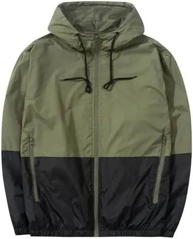 Men's Casual Canvas Windbreaker Jacket Lightweight Hooded Raincoat with Stand Collar for Winter Outdoor Pocketed