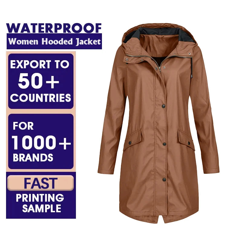 Women's Outdoor Hooded Rain Jacket Rainproof Long Rain Poncho, Waterproof, and Lightweight Windbreaker Custom Polyester Raincoat