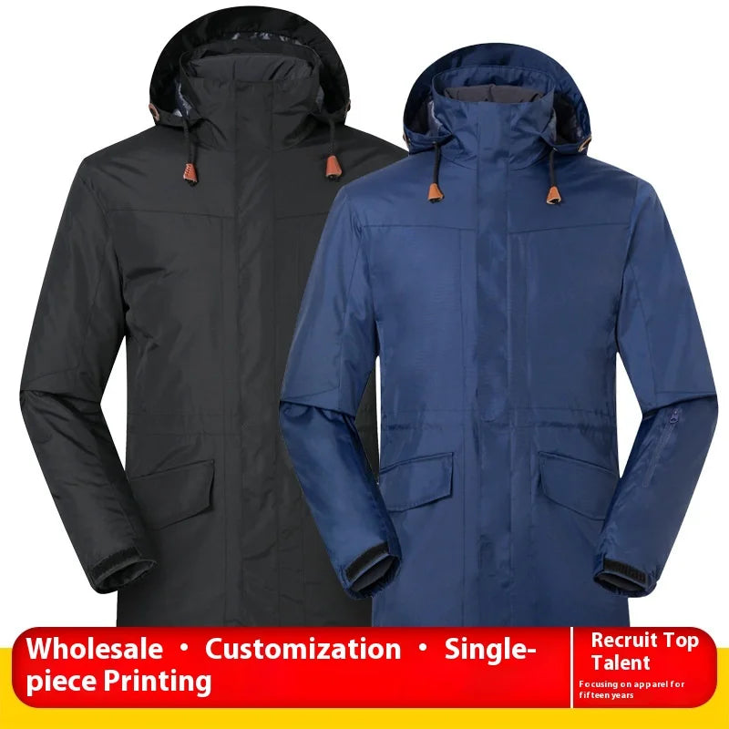 Men's Women's Long Three-in-One Detachable Winter Coat Stand Zipper Waterproof Breathable Logo Embroidery Outdoor Assault