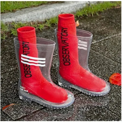 Children's Waterproof PVC Transparent Rain Boots Non-Slip Fashion Water Shoes for Primary School Boys Big Kids