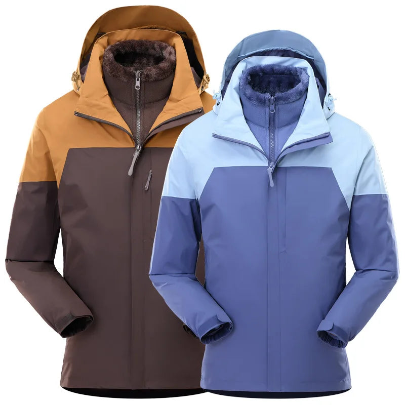 Men's Women's Waterproof Two-Piece Outdoor Riding Travel Mountaineering Three-in-One Jacket for Winter Hiking Zipper Closure