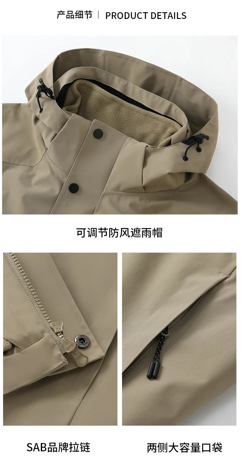 Factory Wholesale Men's Waterproof Hooded Fleece Jacket Removable Two-Piece Polyester Lining Printed Logo Polyester Shell 3XL