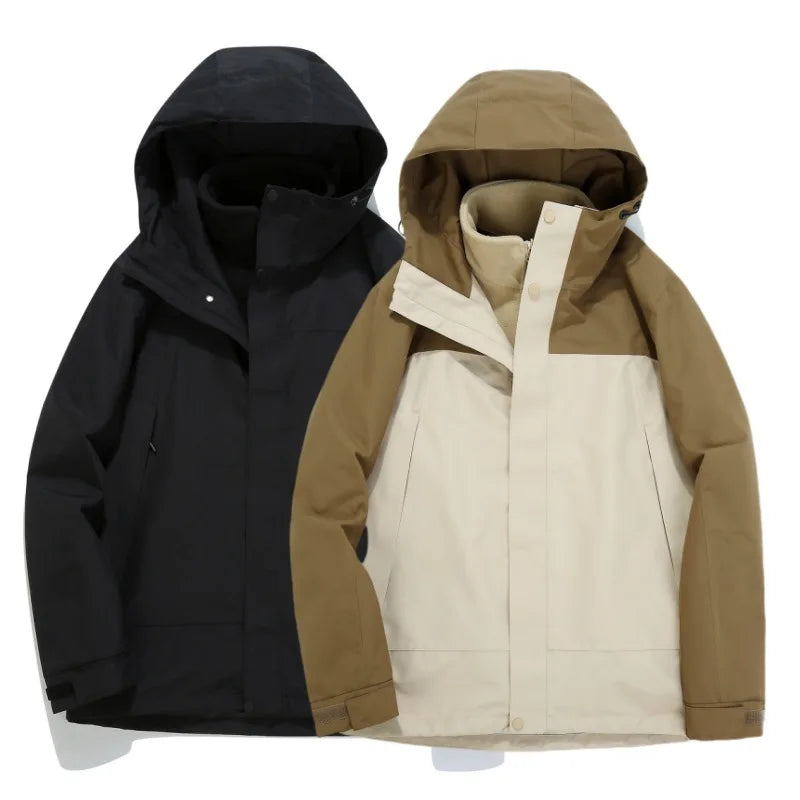Autumn Winter Solid Stand Collar Unisex Three-in-One Two-Piece Detachable Windproof Waterproof Cold-Proof Ski Jacket