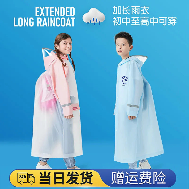 New EVA Children's Waterproof Raincoat with Hidden Backpack Compartment and Zipper Design, Extended Hiking Raincoat