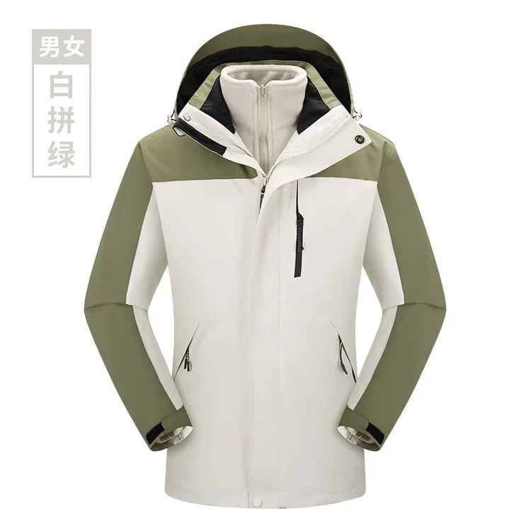 Men's Women's Waterproof Outdoor Winter Jacket Stand Detachable Three-in-One Windproof Cold-Proof Features Solid Zipper for