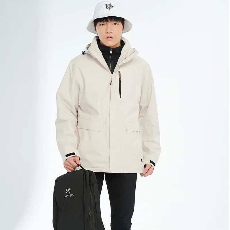 High-End Three-in-One Detachable Waterproof Fleece-Lined Mountaineering Suit Autumn Winter Zipper Closure Hiking Jacket for Men