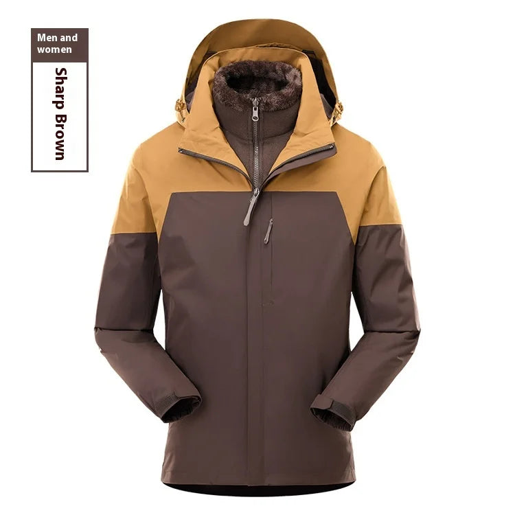 Men's Women's Waterproof Two-Piece Outdoor Riding Travel Mountaineering Three-in-One Jacket for Winter Hiking Zipper Closure