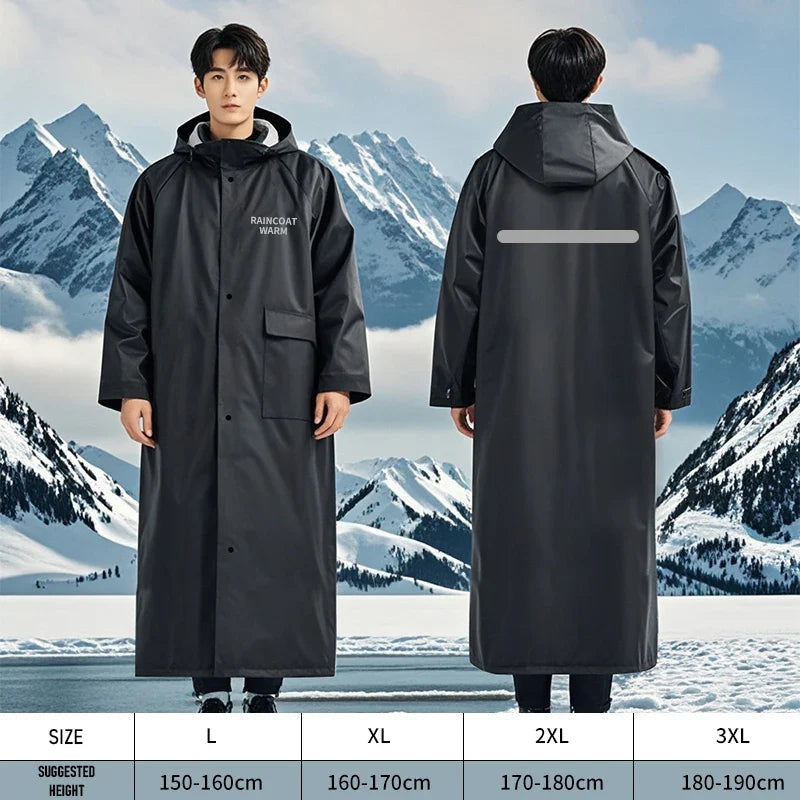 Adult Double Layer Raincoat With Warm Fleece Lining Logo Hood Waterproof Reflection Tape Outdoor Travel Riding Rain Boys Girls