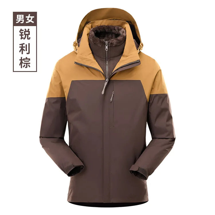 Men's Women's Waterproof Two-Piece Outdoor Riding Travel Mountaineering Three-in-One Jacket for Winter Hiking Zipper Closure