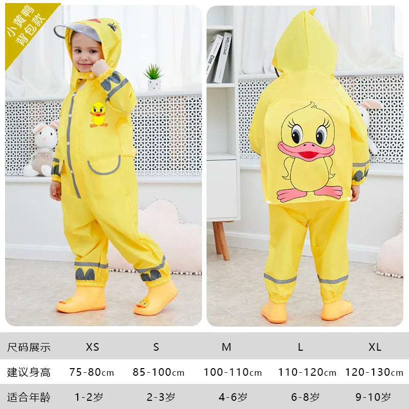 Children's Full Body Waterproof Protective Raincoat and Pants with Cartoon Yellow Duck Belt Backpack for Boys and Girls