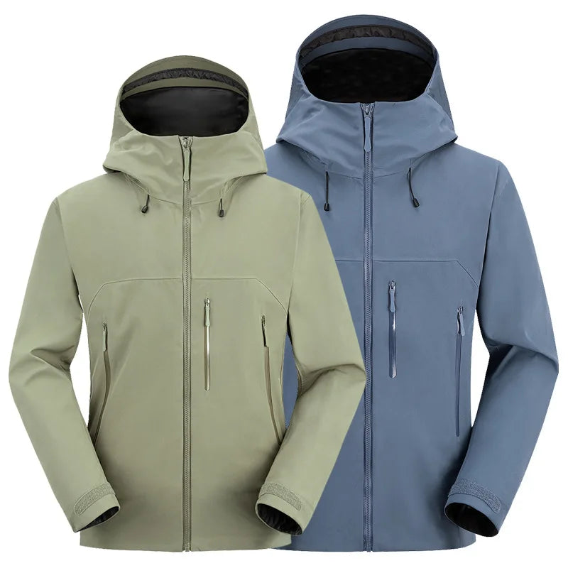 High Quality Unisex Custom Soft Shell Raincoat Waterproof Outdoor Jacket Hiking Mountaineering Motorcycle Zipper Casual Print